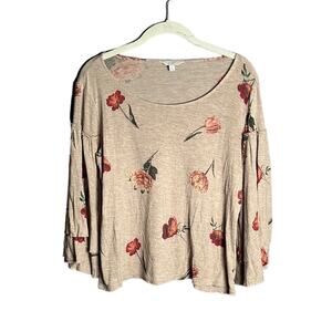 Lucky Brand Tan Floral Print With Gold Metallic Detailing Bell Sleeves Small